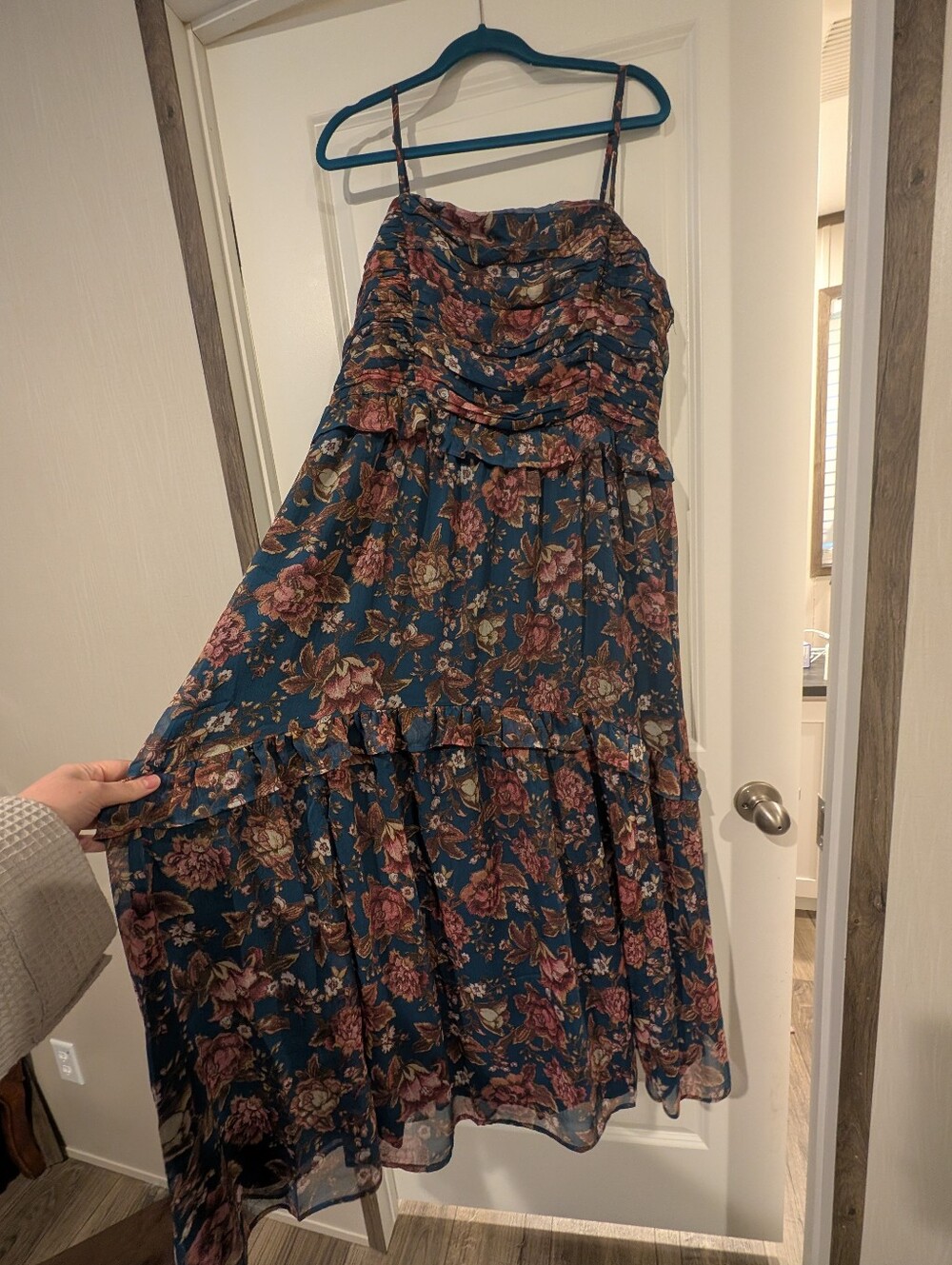 LOFT Teal Floral Tiered Maxi Dress with Rose Print